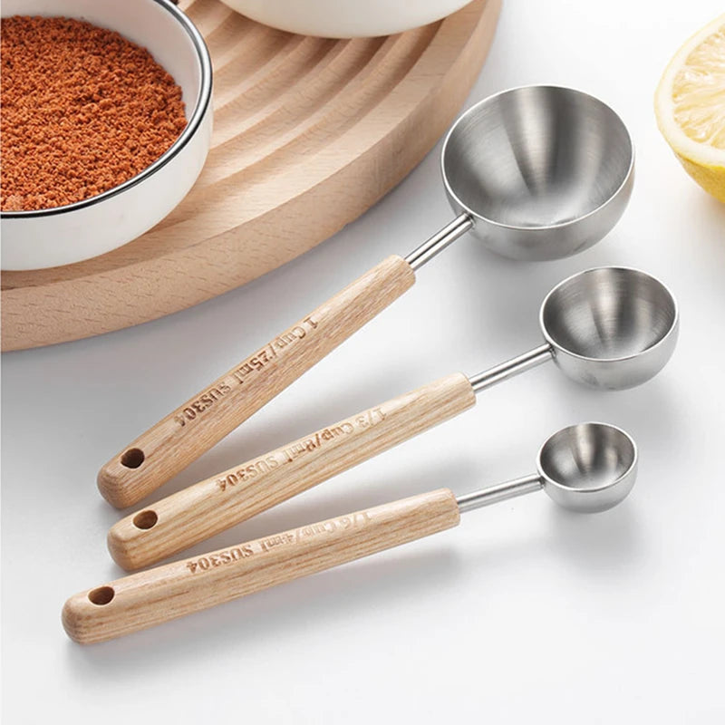 304 Stainless Steel Measuring Cups Spoons Wooden Handle Tea Coffee Measuring Tools Baking Tools Kitchen Accessories