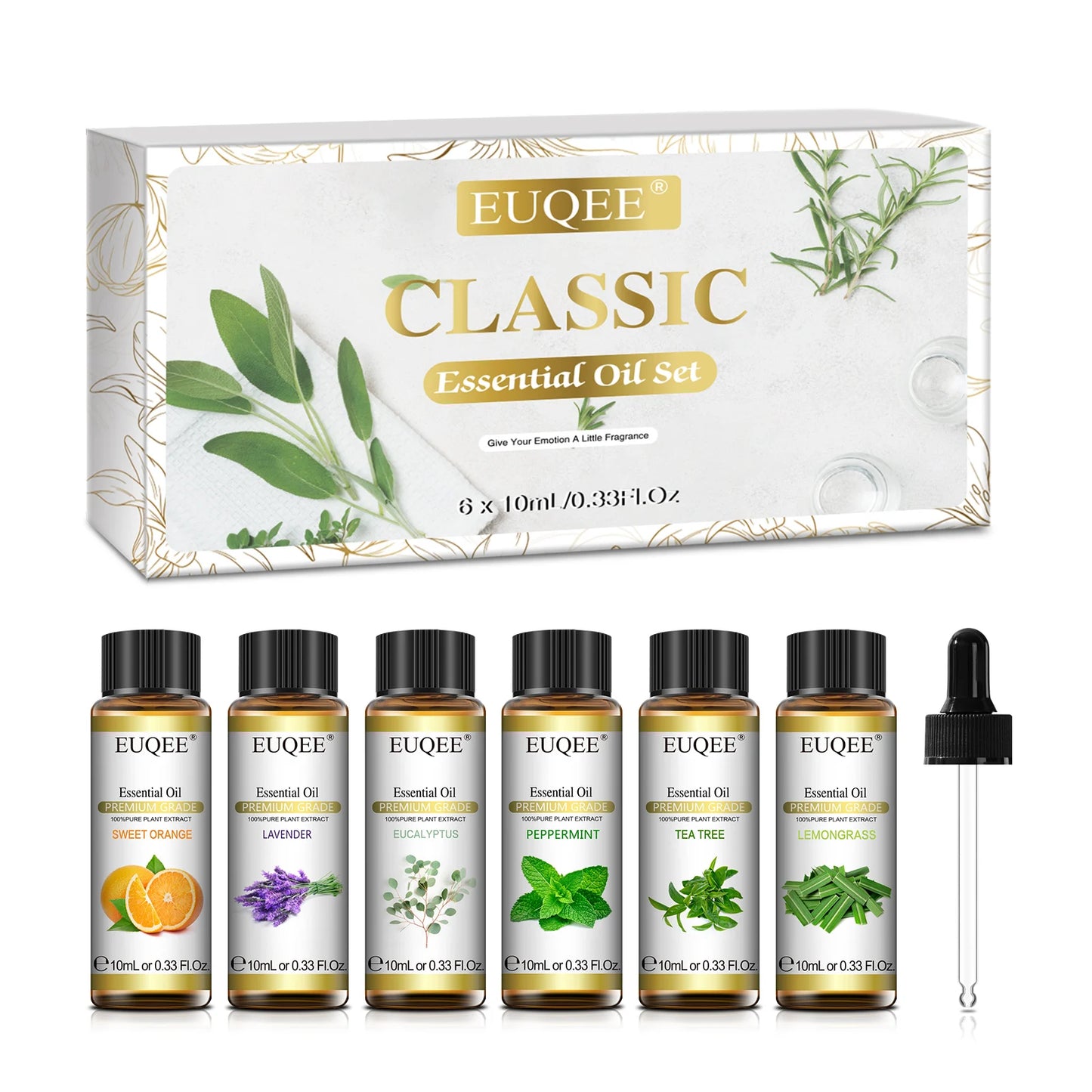 EUQEE 10ML*6 Essential Oils Gift Set For Humidifier Lavender Eucalyptus Peppermint Sweet Orange Tea tree Lemongrass Aroma Oil