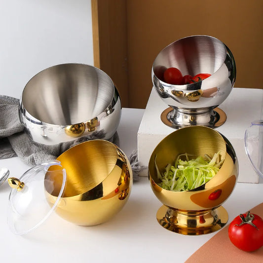 Stainless Steel Slant Sauce Bowl with Lid Hot Pot Buffet Seasoning Jar Container Fruit Salad Spherical Bowls Serving Tableware