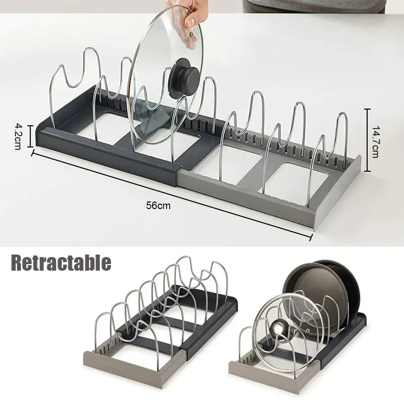 Expandable Pot and Pan Organizers Rack Holder Kitchen Cabinet Pantry Bakeware Organizer Rack with 6 Adjustable Compartments