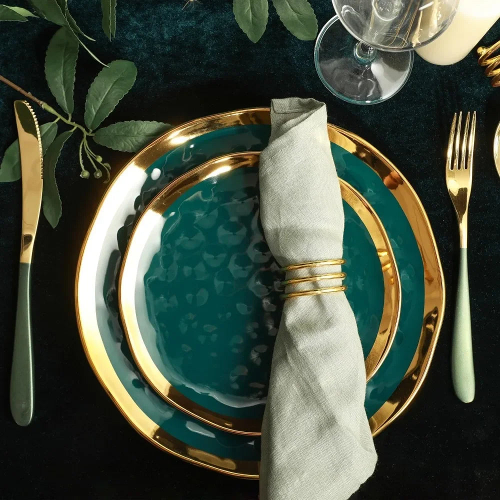 Porcelain 16 Piece Dinnerware Set, Service for 4, Green and Golden Rim  dishes and plates sets  dinnerware set