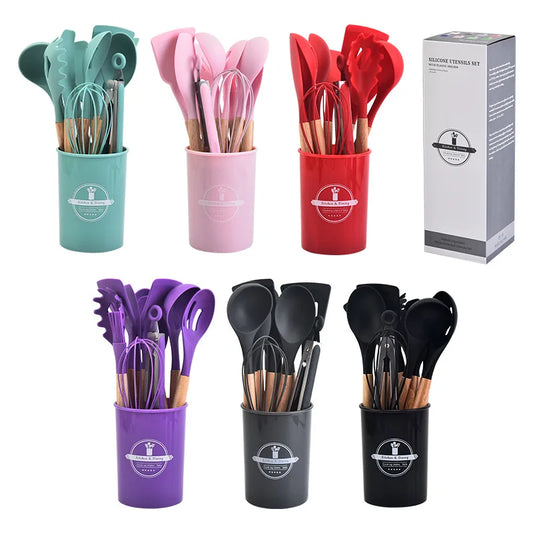 12Pcs Silicone Kitchen Utensils Cooking Wooden Handle Non Stick Pot Kitchenware Set Storage Bucket Silicone Kitchen Utensils