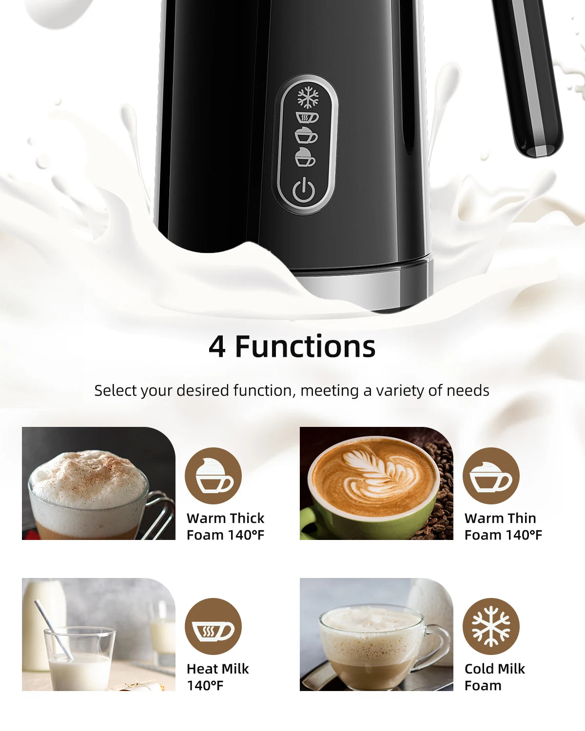 BioloMix Electric 4 in 1 Automatic Hot and Cold Milk Frother Warmer for Latte, Foam Maker, Hot Chocolates, Cappuccino