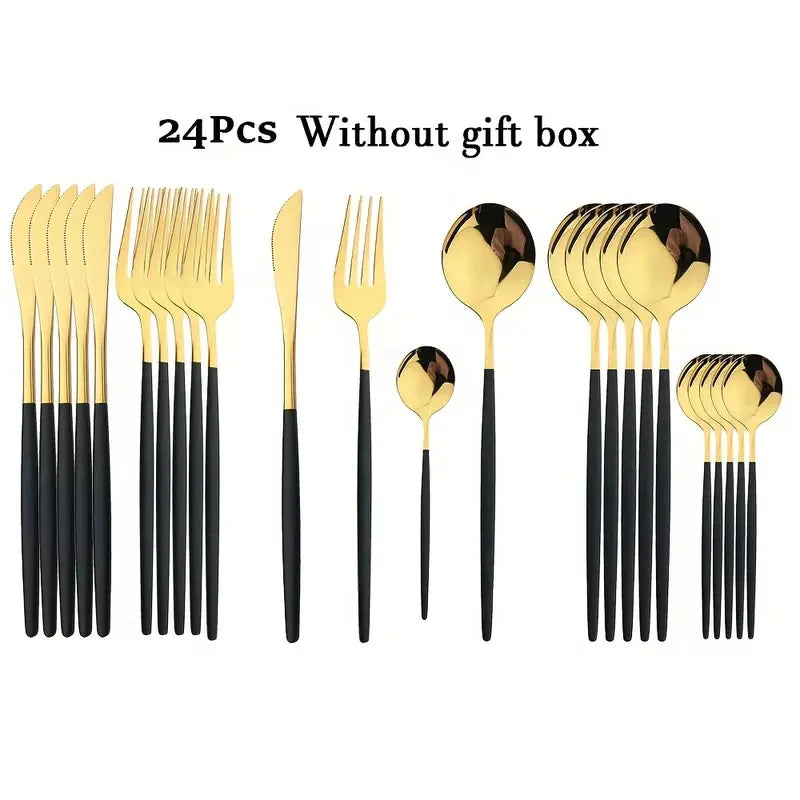 24pcs Elegant black and gold stainless steel cutlery gift set - knife, fork, spoon - perfect for festive occasions and dinners