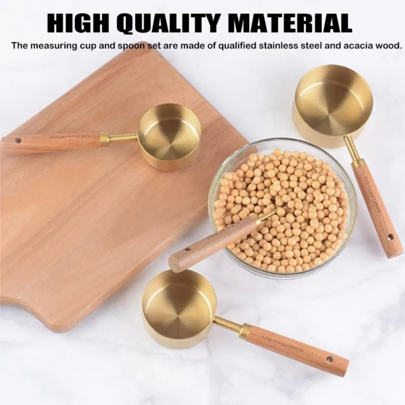 Wooden Handle Measuring Cups Spoons Stainless Steel Food Coffee Flour Scoop Kitchen Scale Baking Cooking Gadget Kitchen Tools