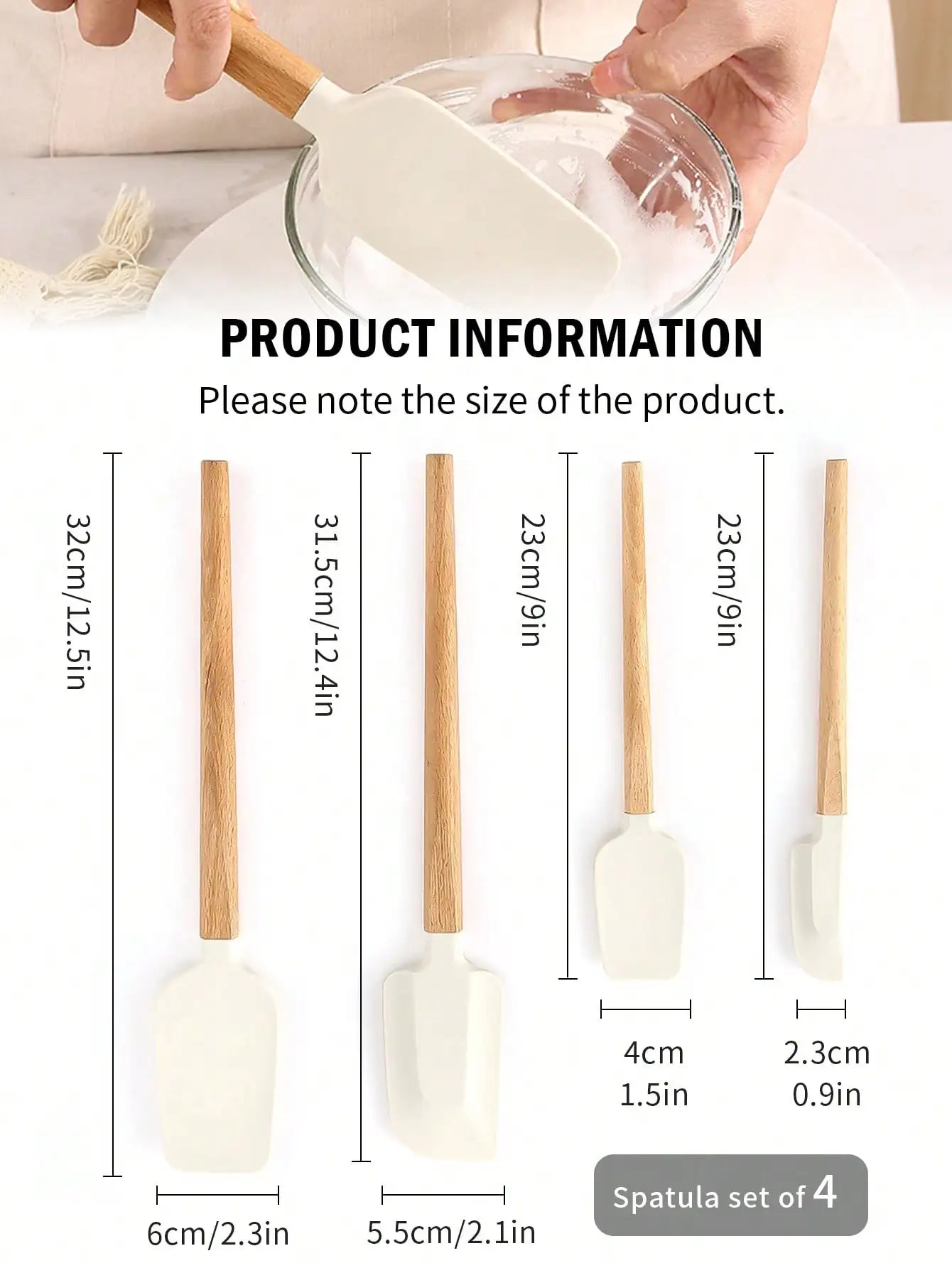 Leeseph 4Pack Scraper Spatula Set Food Grade Silicone Baking Spatulas Heat Resistant Kitchen Cooking Utensils Wood Handle