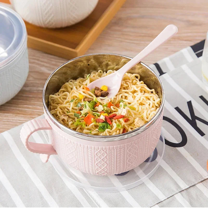 Stainless Steel Double-layer Ramen Noodles Bowl Anti-scalding Instant Noodle Bowl Large Capacity with Lid and Spoon Tableware