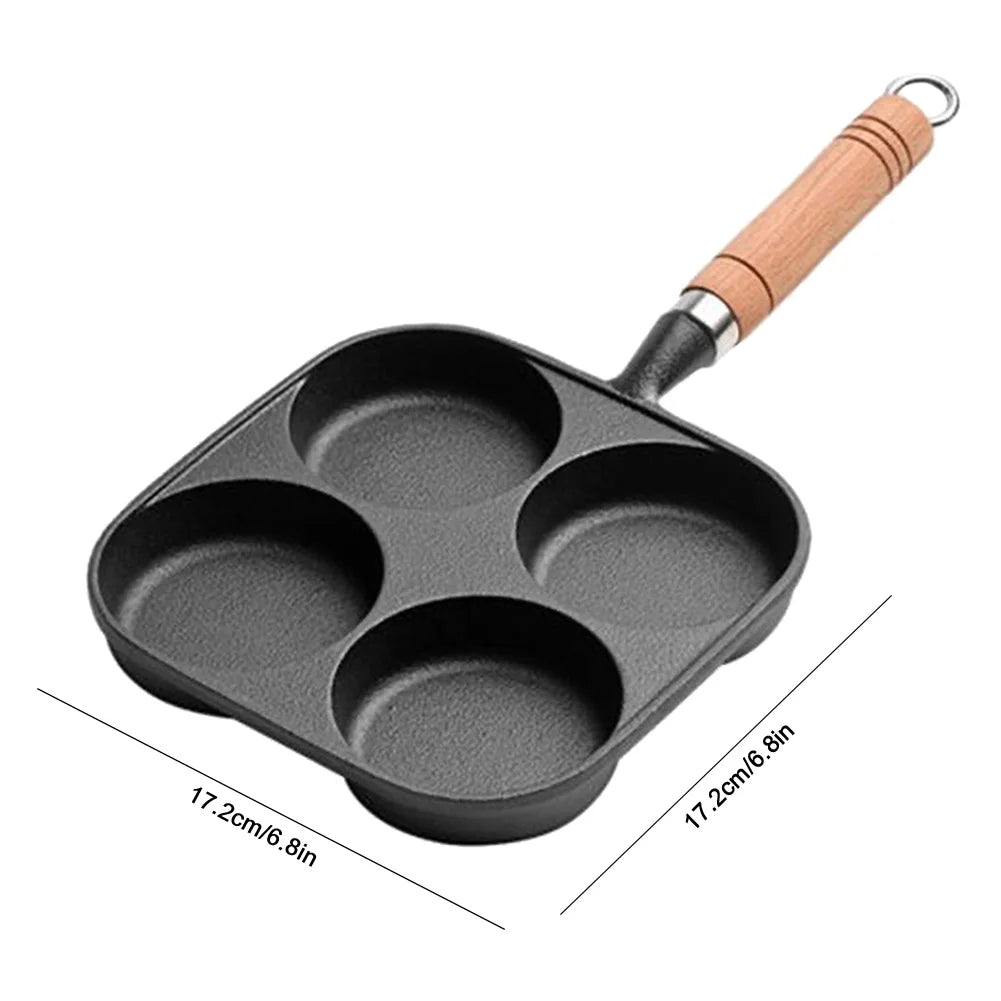 4-Hole Omelet Pan Wooden Handle Non Stick Cookware Pancake Pan Multifunction Hamburger Steak Pan for Gas Stove Induction Cooker