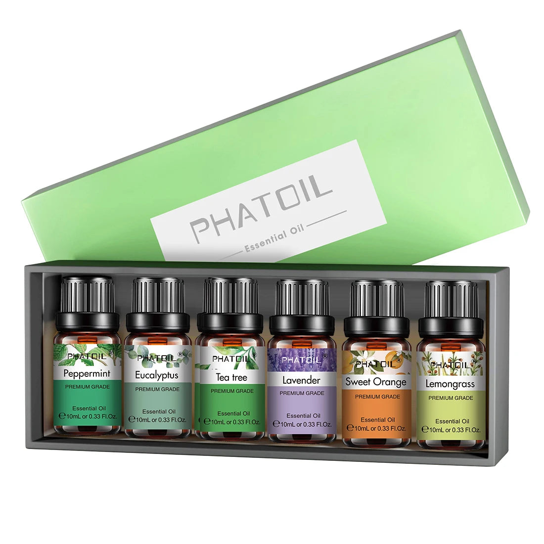 PHATOIL 6pcs Essential Oil Set 10ml Pure Natural Lavender Eucalyptus Peppermint Tea Tree Orange Lemongrass for Diffuser Candles