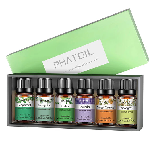 PHATOIL 6pcs Essential Oil Set 10ml Pure Natural Lavender Eucalyptus Peppermint Tea Tree Orange Lemongrass for Diffuser Candles