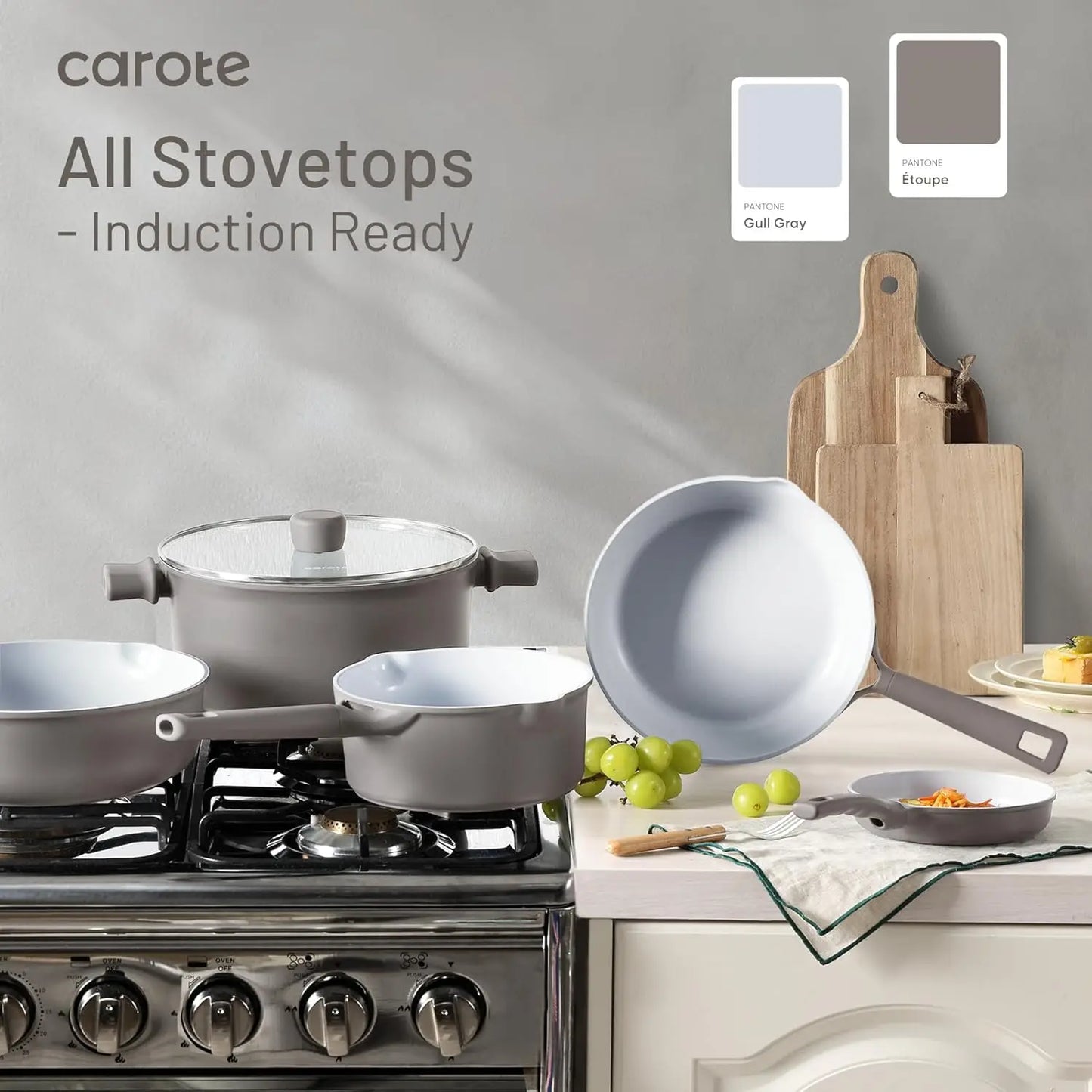 Ceramic Cookware Set 12 Piece, Healthy & Pfoa/Pfas Free, Nonstick Pots And Pans Set, Induction-Compatible, Taupe