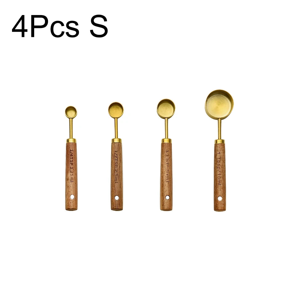 Gold Wooden Handle Stainless Steel Measuring Cups Spoons Baking Tools Coffee Measuring Spoon Set Bartending Scale Accessories