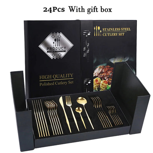 24pcs Elegant black and gold stainless steel cutlery gift set - knife, fork, spoon - perfect for festive occasions and dinners