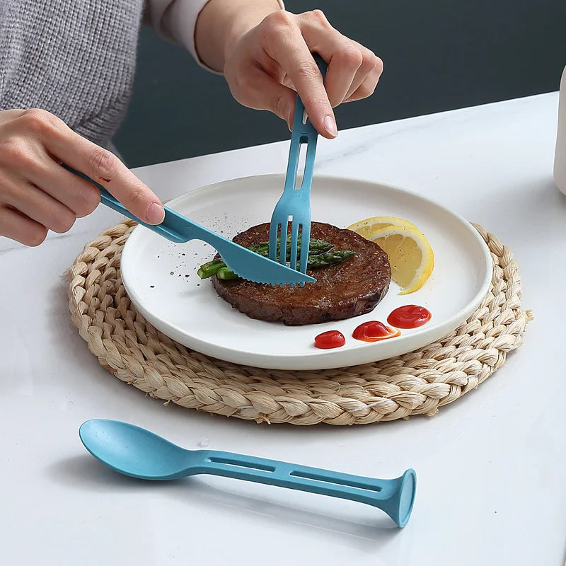 Creative Portable Wheat Straw Three In One Knife, Fork And Spoon Family Plastic Spoon And Fork Wheat Western Tableware Set