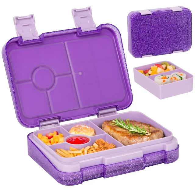 Glitter Style Kids Bento Lunch Box with 5 Compartments Sauce Container Portable Divided Microwave Oven Leakproof School Office