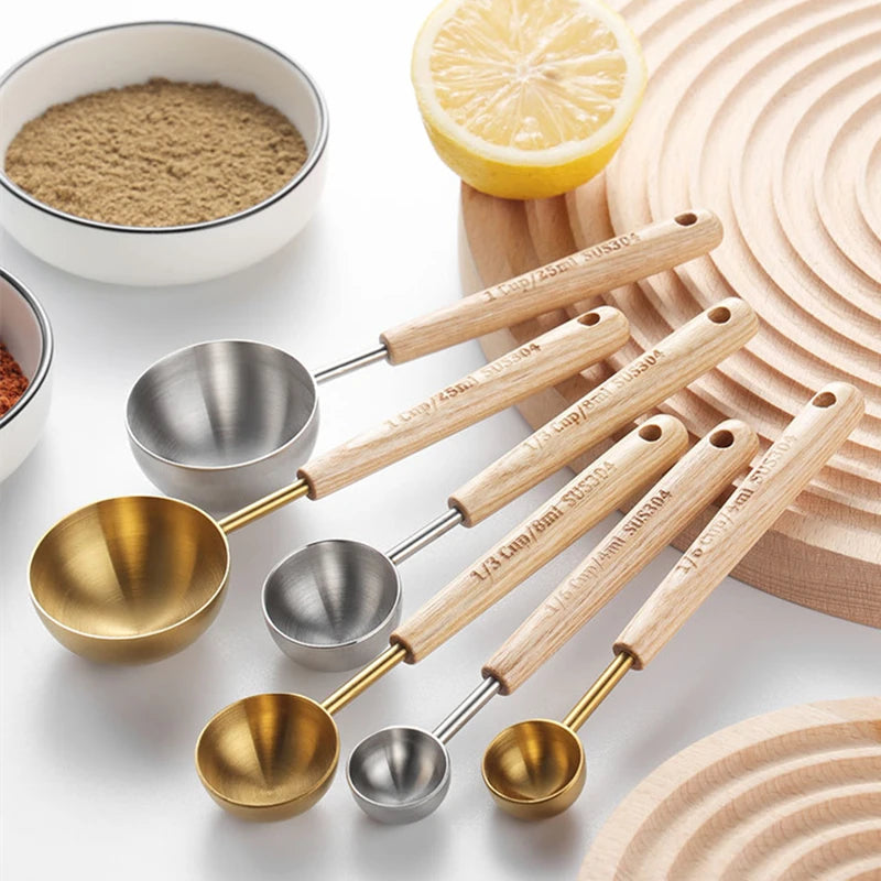 304 Stainless Steel Measuring Cups Spoons Wooden Handle Tea Coffee Measuring Tools Baking Tools Kitchen Accessories