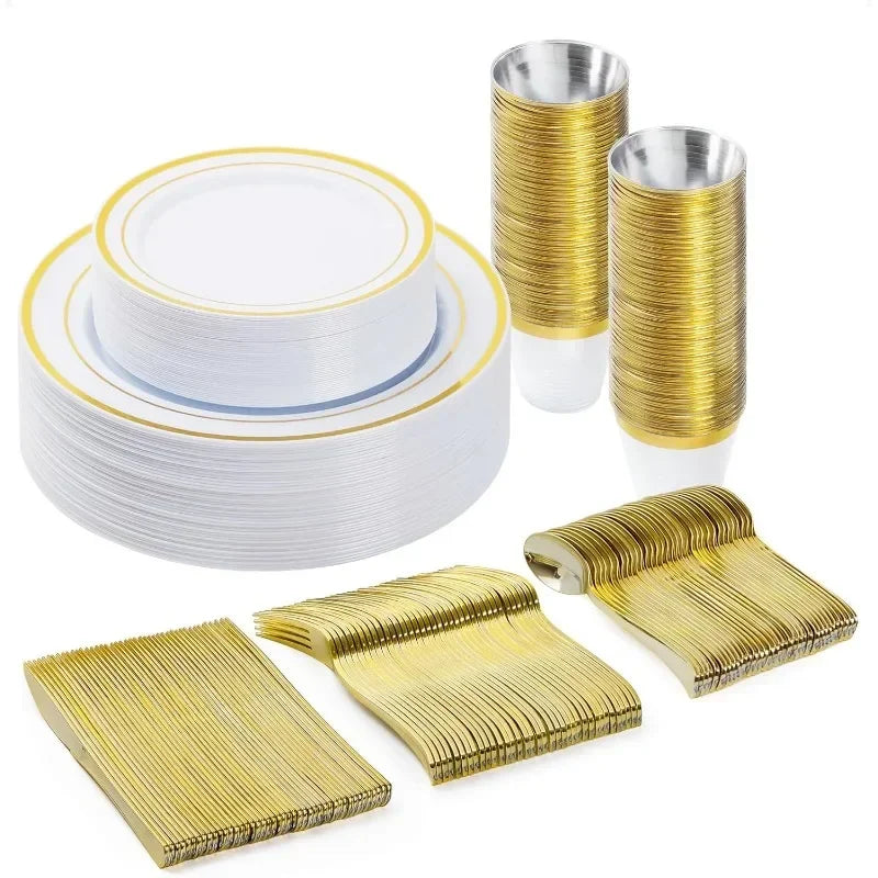 600PCS Plastic Dinnerware Set (100 Guests), Disposable Plates for Party, Wedding, Anniversary, Includes: Dinner Plates