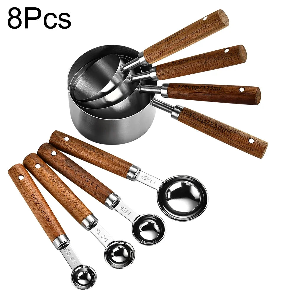 4/8Pcs Wooden Handle Stainless Steel Measuring Cups Spoons Baking Tools Coffee Measuring Spoon Set Bartending Scale Accessories