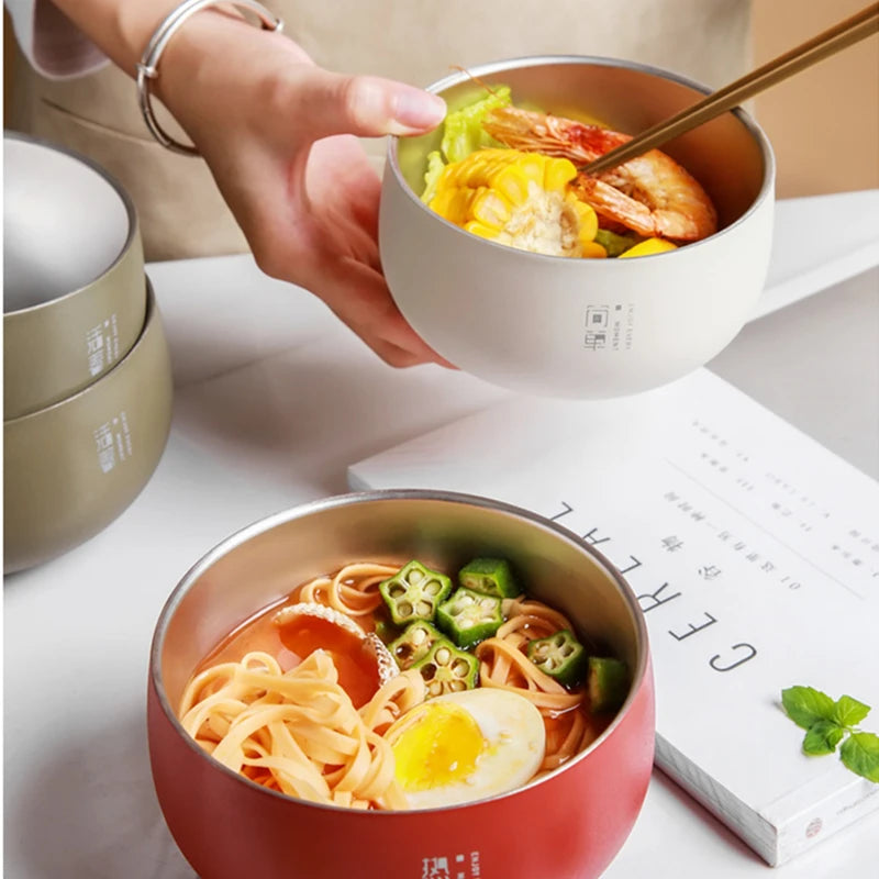 Stainless Stee Round Rice Soup Bowl with Lid Double Layer Fruit Noodles Bowls Food Container Japanese Style Tableware