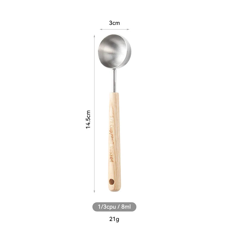 304 Stainless Steel Measuring Cups Spoons Wooden Handle Tea Coffee Measuring Tools Baking Tools Kitchen Accessories