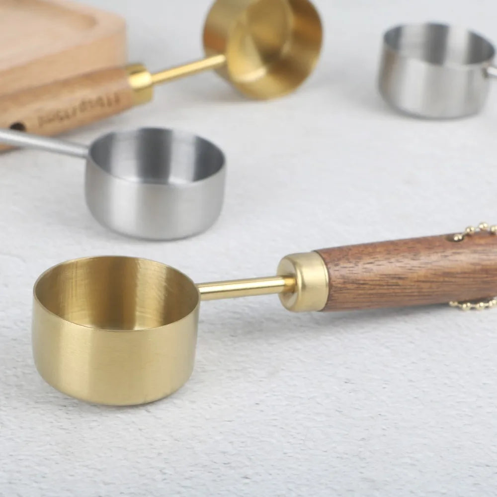 14ml Stainless Steel Measure Spoon with Wood Handle Hangable Measuring Cup Rustproof Flat Bottom Kitchen Measure Tools