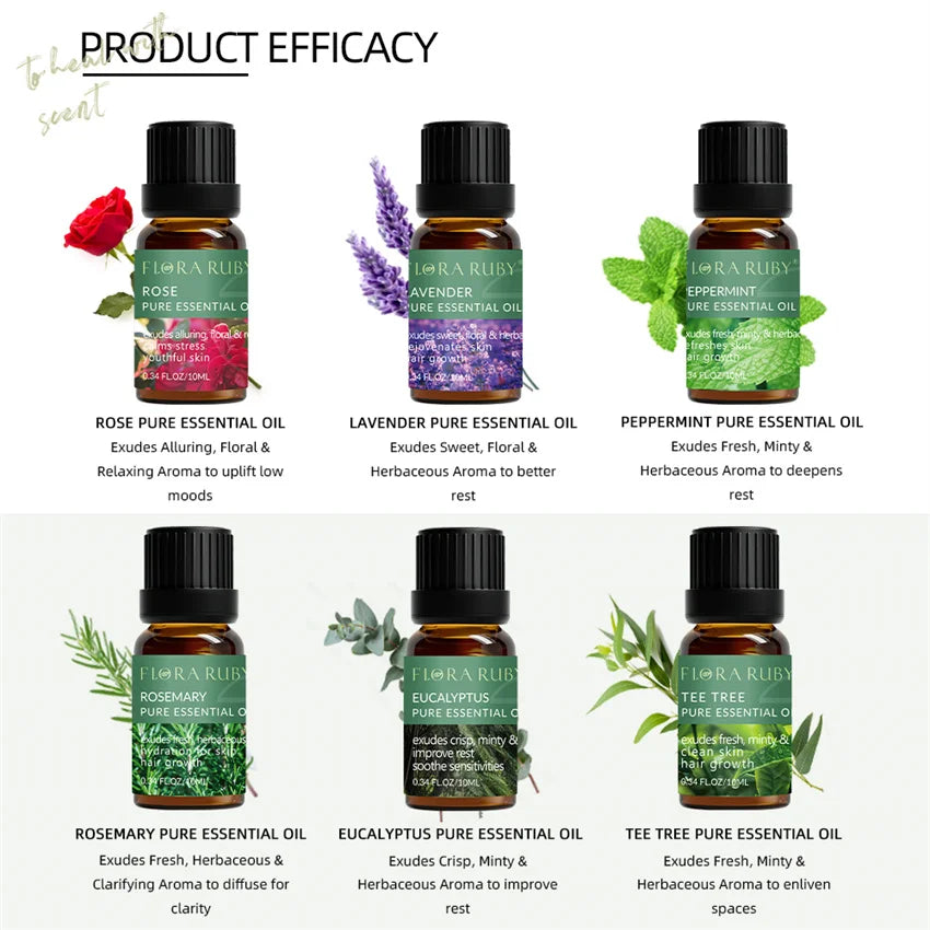 Essential Oils for Diffusers Lavender Eucalyptus Tea Tree Peppermint Rosemary Mint Bergamot Lemon Rose Pure Essential Oil 10ml