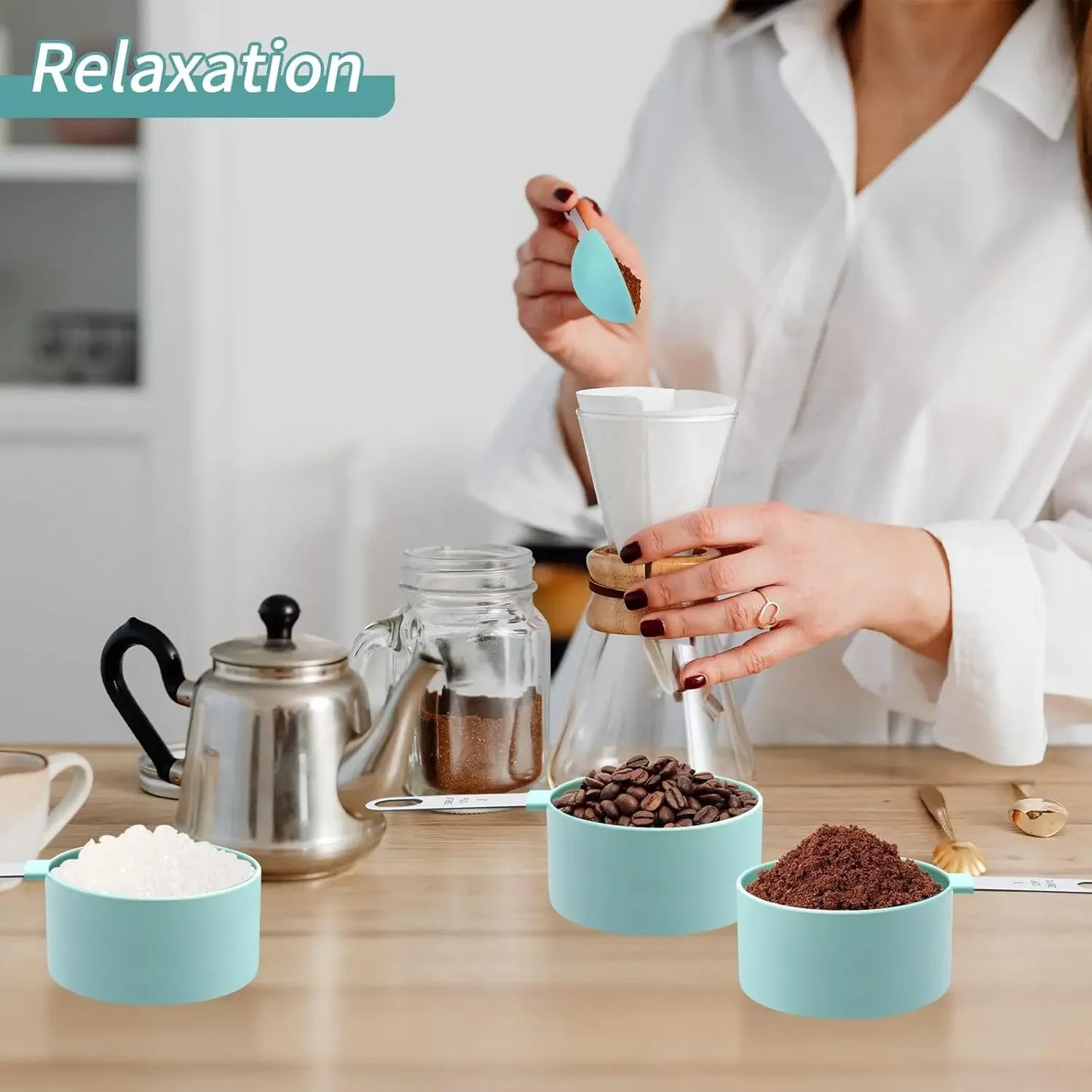 8PCS Measuring Cup Measuring Spoon Set with Stainless Steel Handle and Scale for Measuring Grain and Dessert Materials