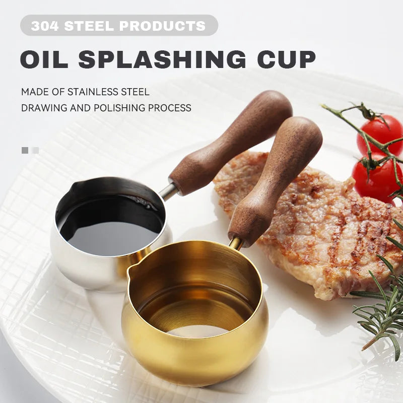 304 Stainless Steel Sauce Cup Black Pepper Tomato Steak Seasoning Cup Wooden Handle Dipping Bowl Coffee Mini Milk Cups