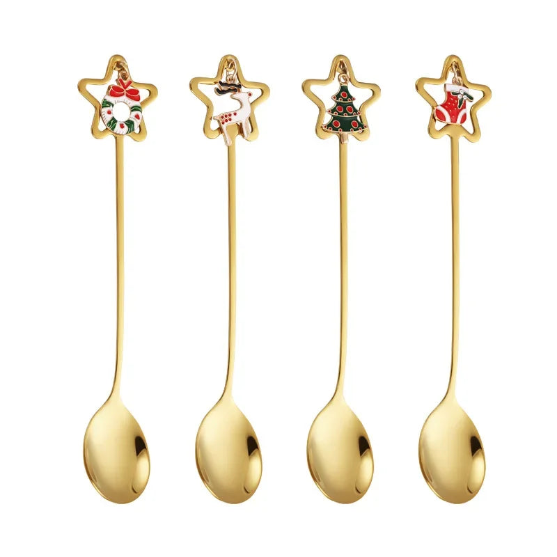 4pcs Christmas Gift Gold Spoon Set Star Elk Christmas Tree Decoration Cutlery Set New Year Home  Kitchen Dessert Coffee Spoon