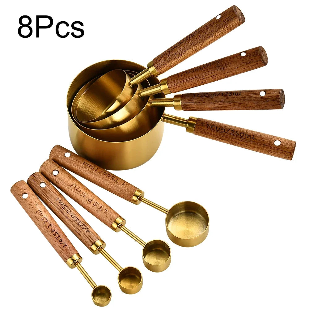 4/8Pcs Wooden Handle Stainless Steel Measuring Cups Spoons Baking Tools Coffee Measuring Spoon Set Bartending Scale Accessories