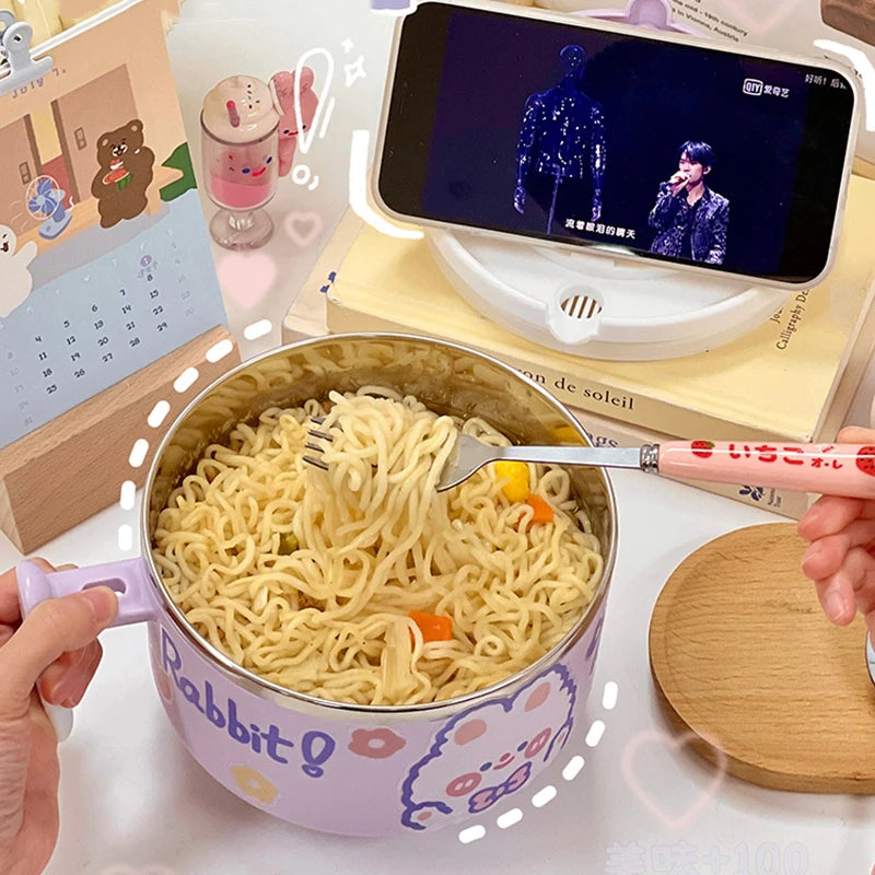 Kawaii Stainless Steel Ramen Bowl With Lid Cute Large Instant Noodles Fruit Salad Rice Soup Bowl Kitchen Tableware 1000/1300ml