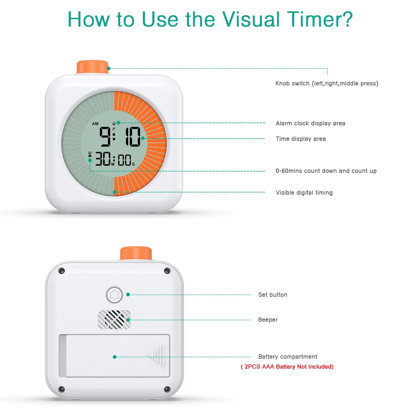 ORIA Digital Visual Timer 60-Minute Countdown Stopwatch with Alarm Clock for Homeschool Supplies Study Teaching