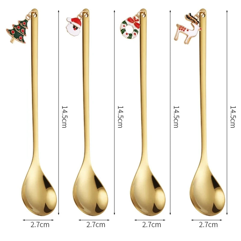 4pcs Christmas Gift Gold Spoon Set Star Elk Christmas Tree Decoration Cutlery Set New Year Home  Kitchen Dessert Coffee Spoon