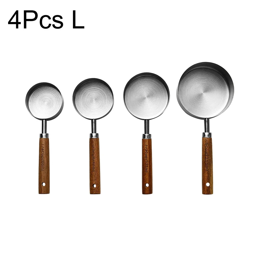 4/8Pcs Wooden Handle Stainless Steel Measuring Cups Spoons Baking Tools Coffee Measuring Spoon Set Bartending Scale Accessories