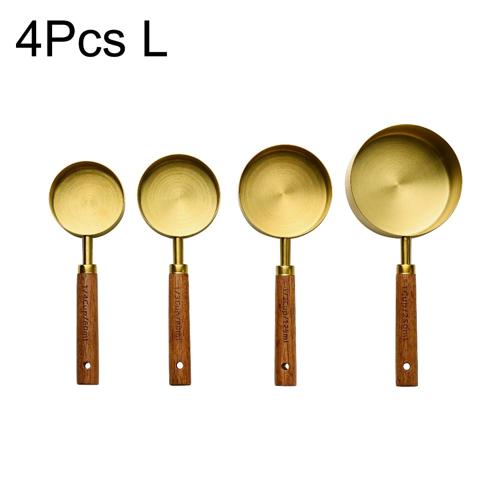 Gold Wooden Handle Stainless Steel Measuring Cups Spoons Baking Tools Coffee Measuring Spoon Set Bartending Scale Accessories