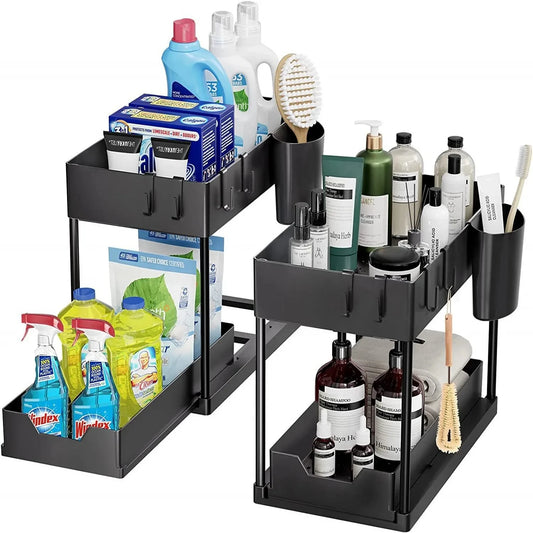 Under Sink Organizer and Storage, Kitchen Organization Rack with Double Sliding Cabinet Drawers, Multi-Purpose Storage Shelf Hol