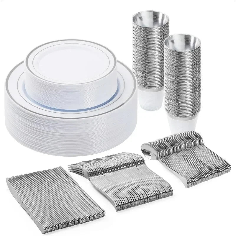 600PCS Plastic Dinnerware Set (100 Guests), Disposable Plates for Party, Wedding, Anniversary, Includes: Dinner Plates