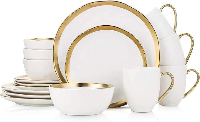 Stone Lain Modern Poreclain 16 Piece Dinnerware Set, Plates and Bowls Set, Dish set for 4, Black And Golden Rim