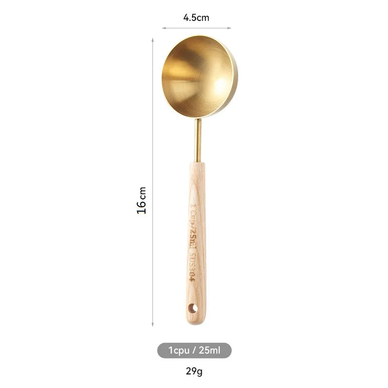 304 Stainless Steel Measuring Cups Spoons Wooden Handle Tea Coffee Measuring Tools Baking Tools Kitchen Accessories