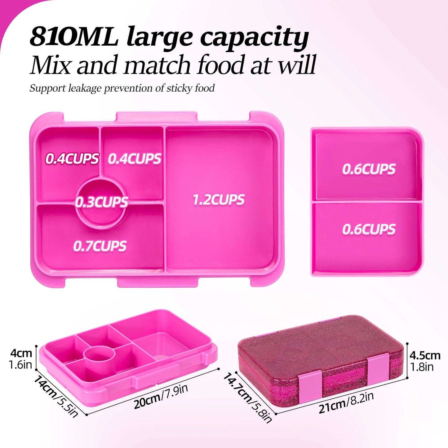 Glitter Style Kids Bento Lunch Box with 5 Compartments Sauce Container Portable Divided Microwave Oven Leakproof School Office