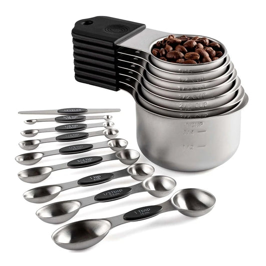 16Pc Magnetic Stainless Steel Measuring Cups & Spoons Set, 7 Heavy Duty Cups,8 Double Sided Spoons With Leveler