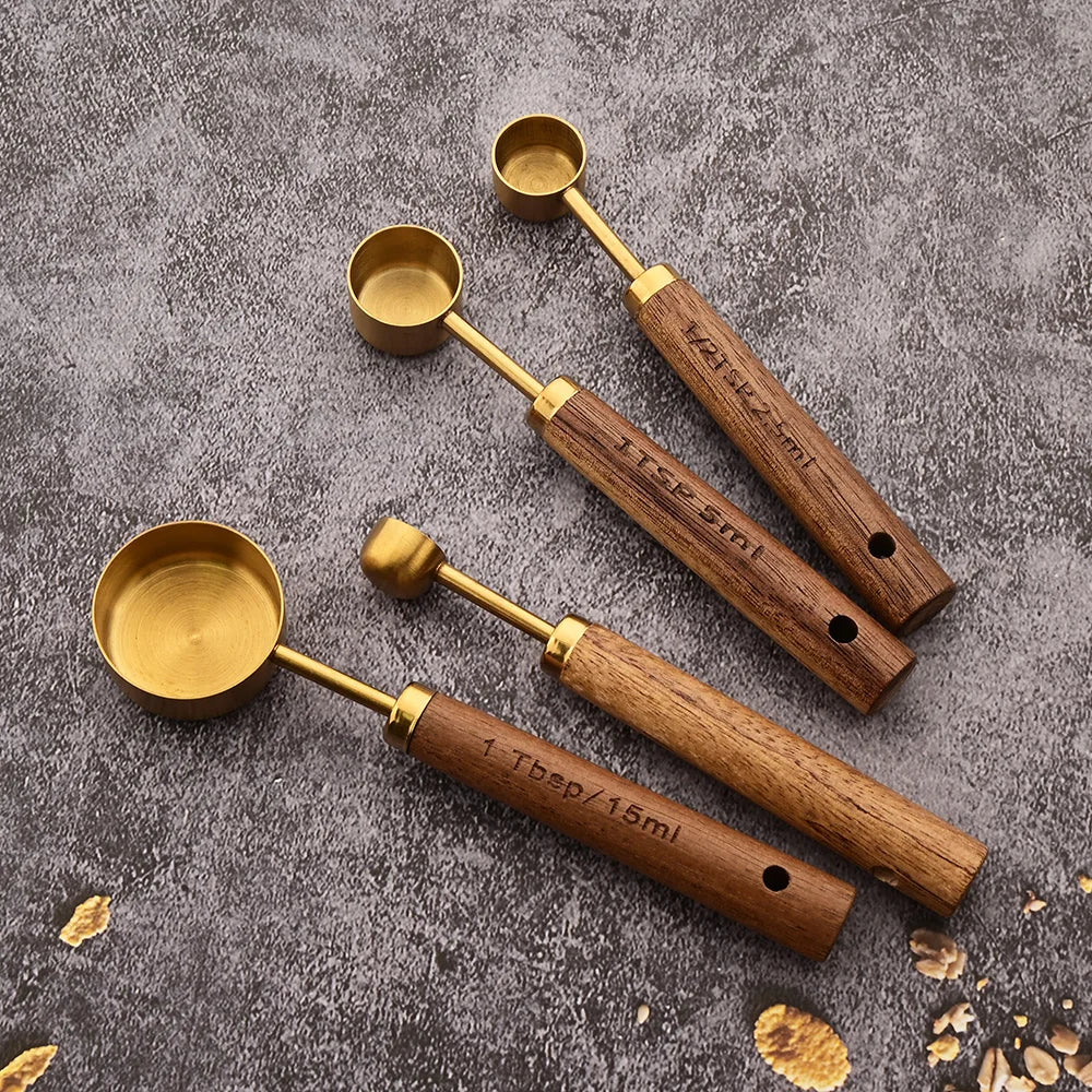 Gold Wooden Handle Stainless Steel Measuring Cups Spoons Baking Tools Coffee Measuring Spoon Set Bartending Scale Accessories