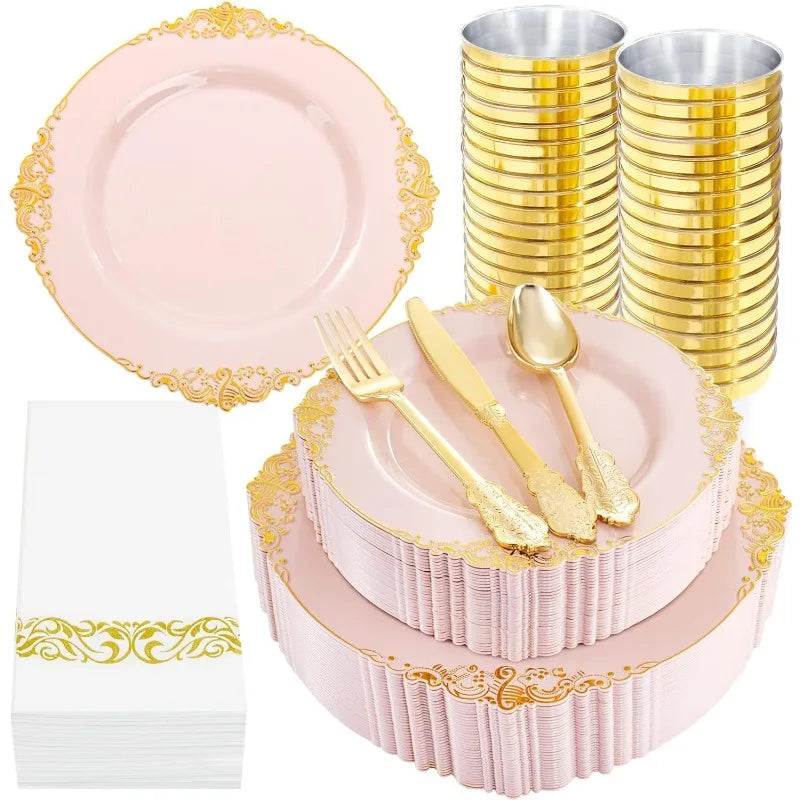 Pink and Gold Plastic Plates - Pink Plastic Dinnerware Sets for 50 Guests - 100 Pink Disposable Plates, 150 Gold Plastic