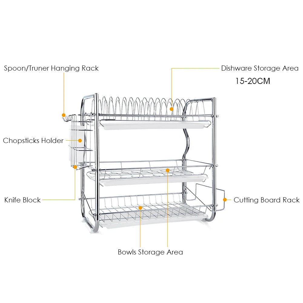 Multi-functional 3-Tier Dish Rack Kitchen Supplies Storage Rack Draining Rack with Chopsticks/Knives/Cutting Board Holder