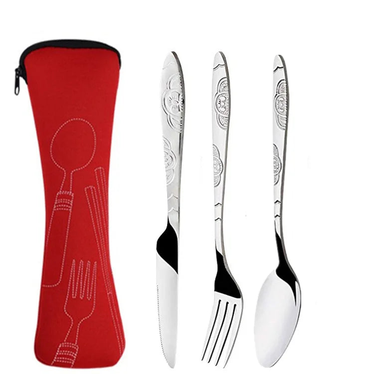 3Pcs Steel Knifes Fork Spoon Set Family Travel Camping Cutlery Eyeful Four-piece Dinnerware Set with Case