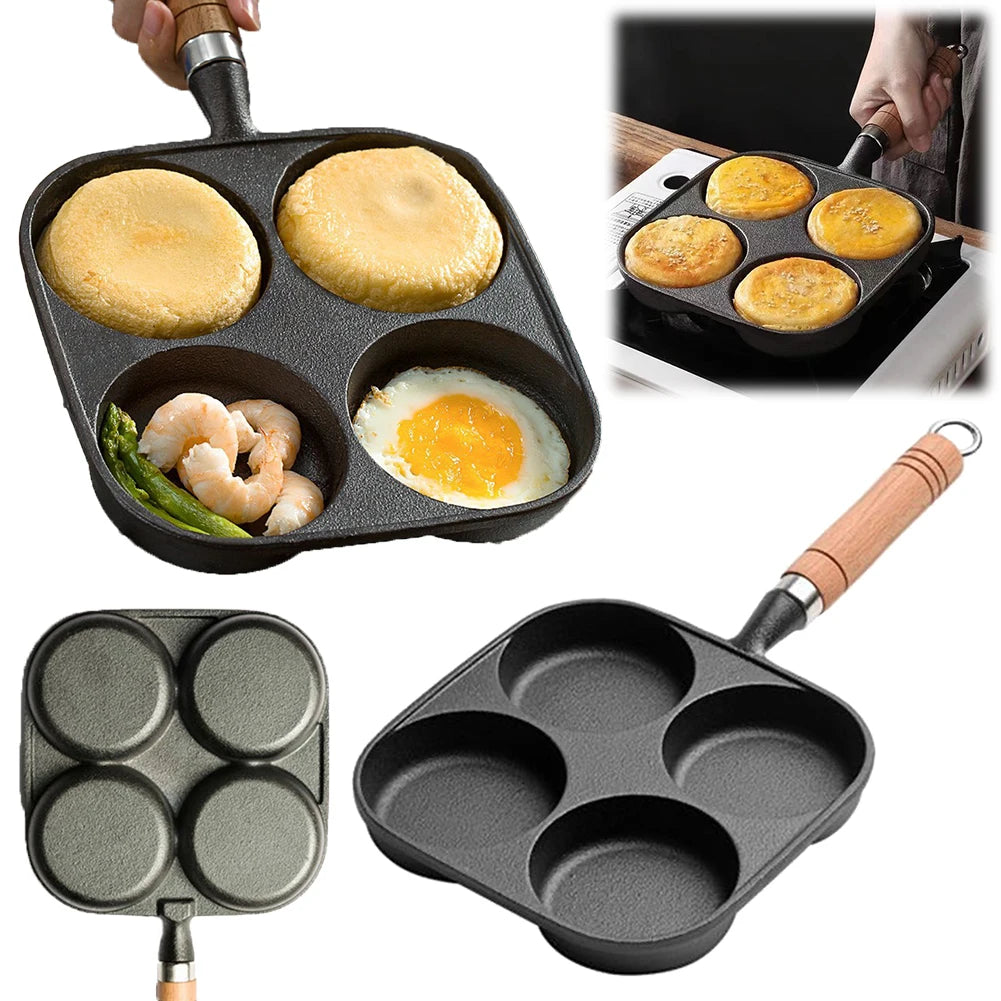 4-Hole Omelet Pan Wooden Handle Non Stick Cookware Pancake Pan Multifunction Hamburger Steak Pan for Gas Stove Induction Cooker