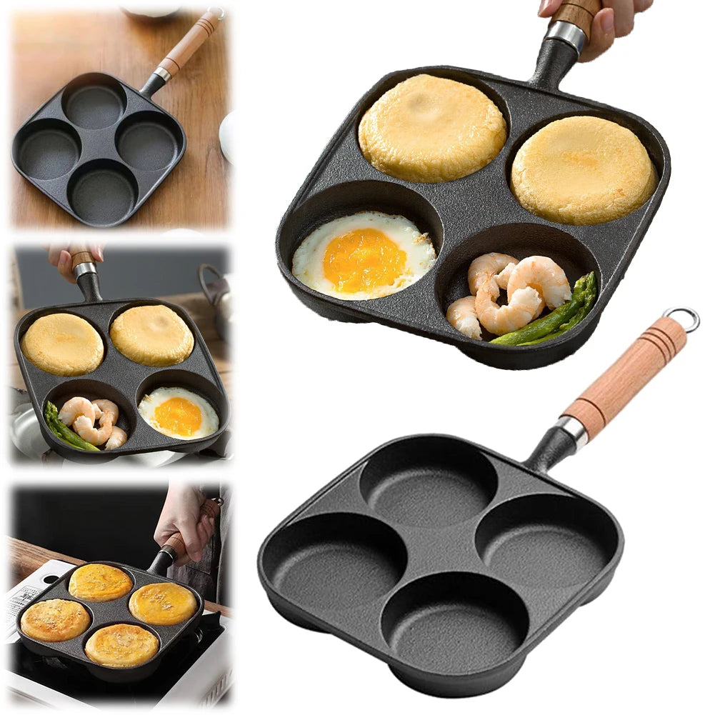 4-Hole Omelet Pan Wooden Handle Non Stick Cookware Pancake Pan Multifunction Hamburger Steak Pan for Gas Stove Induction Cooker