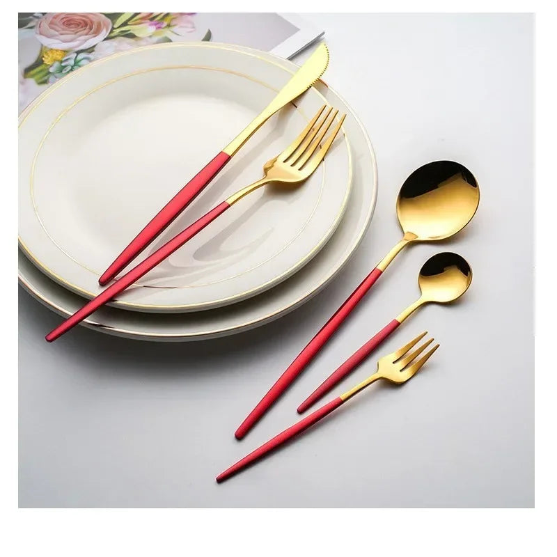 Gold Stainless Steel Cutlery Set Knife Fork Spoon Dinnerware Matte Tableware Wedding Birthday Silverware Dinner