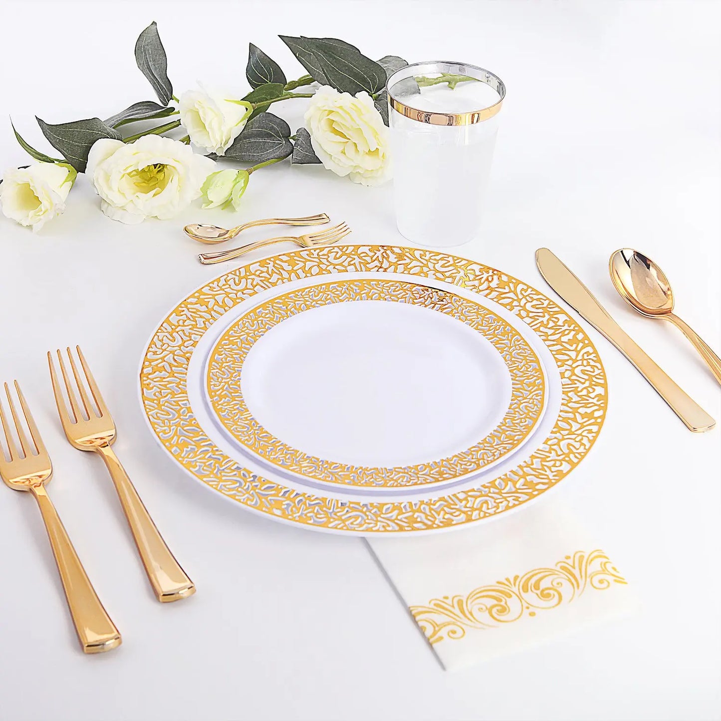 10 Guests Gold Lace Plastic Plates with Plastic Silverware Set,Elegant Lace Dinnerware Sets for Birthday Parties, Wedding