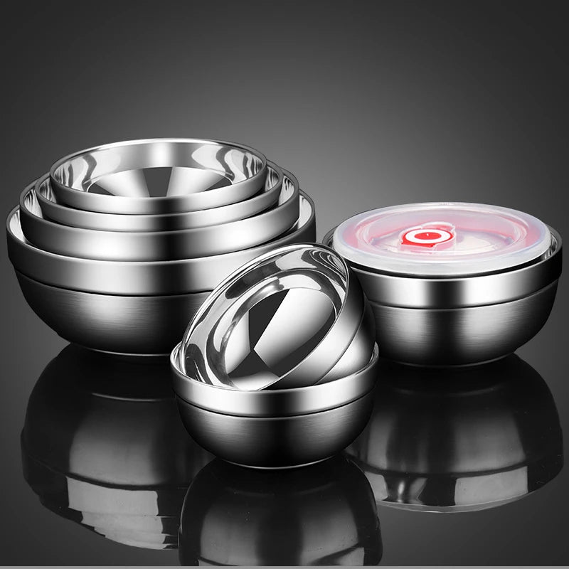 Double Layer Stainless Steel Bowls With Lid Salad Mixing Serving Bowl Korean Style Ramen Noodles Food Storage Containers